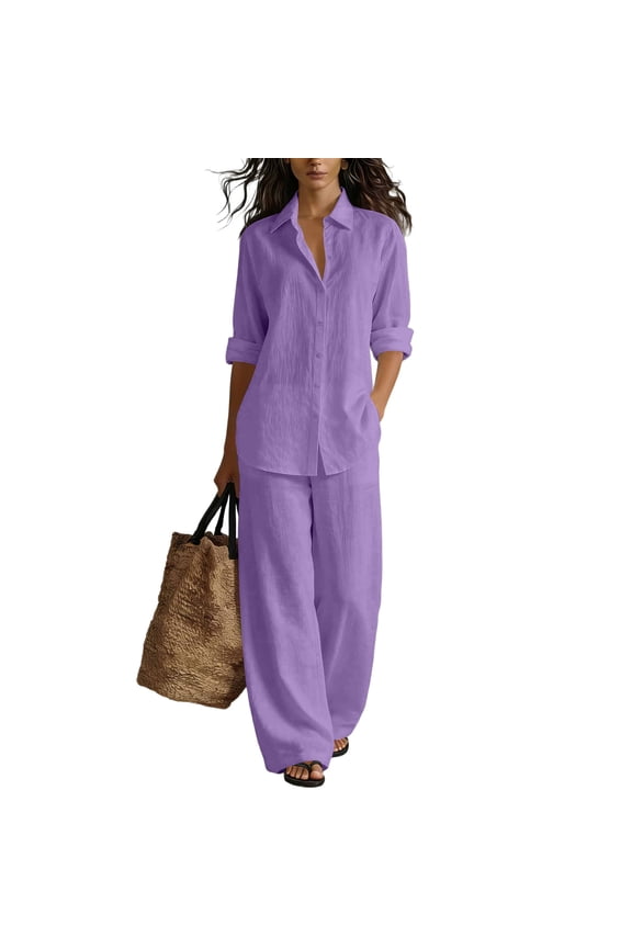Women's Sets 2 Piece Outfits Cotton Linen Button Up Long Sleeve Shirts Pants Outfits with Pockets Wide Leg Elastic Waist Set Loose-Fit Spring Summer Travel Vacation Fashion Tracksuit,Purple S