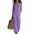 thumbnail image 1 of Women's Sets 2 Piece Outfits Cotton Linen Button Down Long Sleeve Shirts and Pants with Pockets Wide Leg Elastic Waist Set Travel Spring Summer Vacation Loose-Fit Walking Outfits Tracksuit,Purple M, 1 of 4