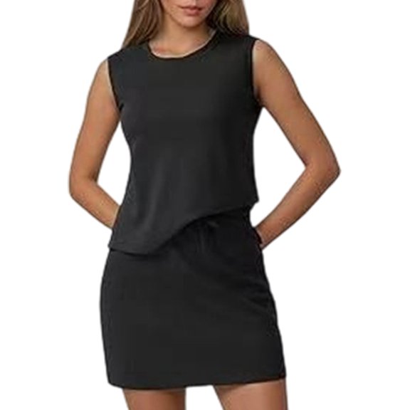 Women's Sets Crew Neck Lounge 2 Piece Set Skirt Outfit Top for Vacation Black XXL
