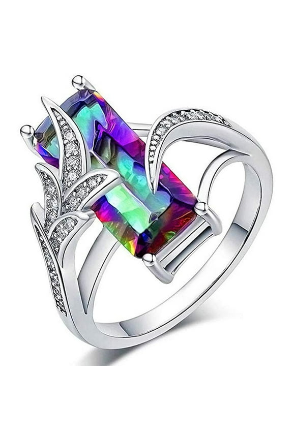 Women's Seven-Color Topaz Square Diamond Personality Inlaid Rainbow Gem Ring