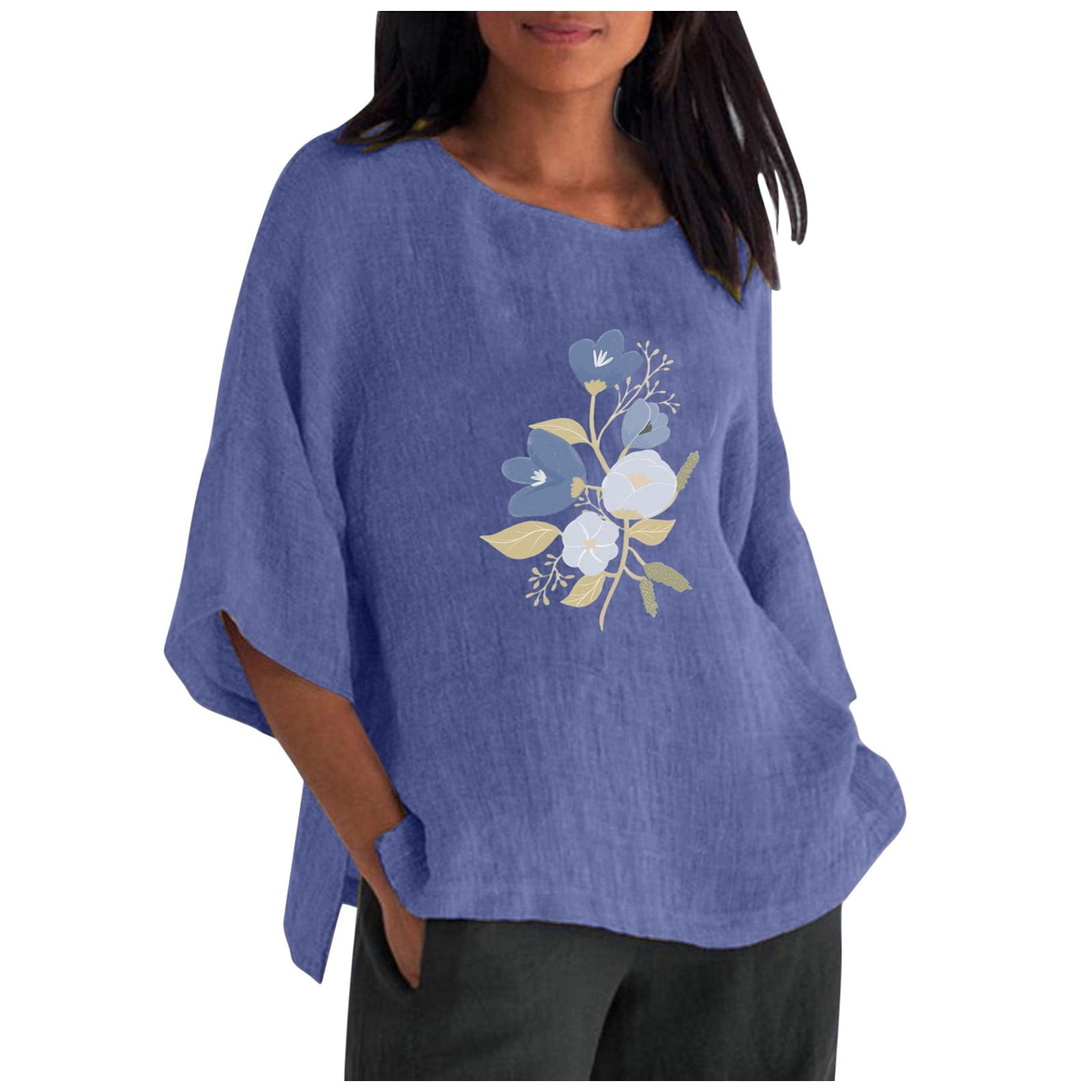 Women's Seven Point Sleeve Round Neck Cotton Wool Floral Print