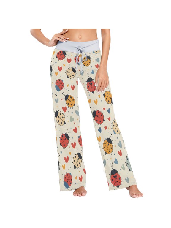 Women's Seven-spotted Ladybug Heart Comfy Stretch Wide Leg Pajama Pants, Drawstring Waist Casual Lounge Pants