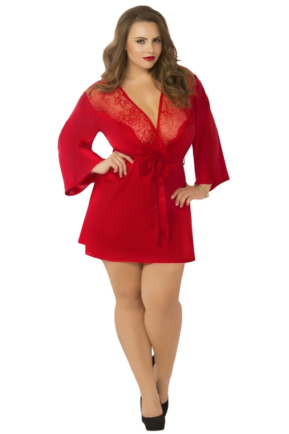 Women's Seven 'til Midnight 10695 Toast of the Town Satin and Eyelash Robe (Red O/S Plus)
