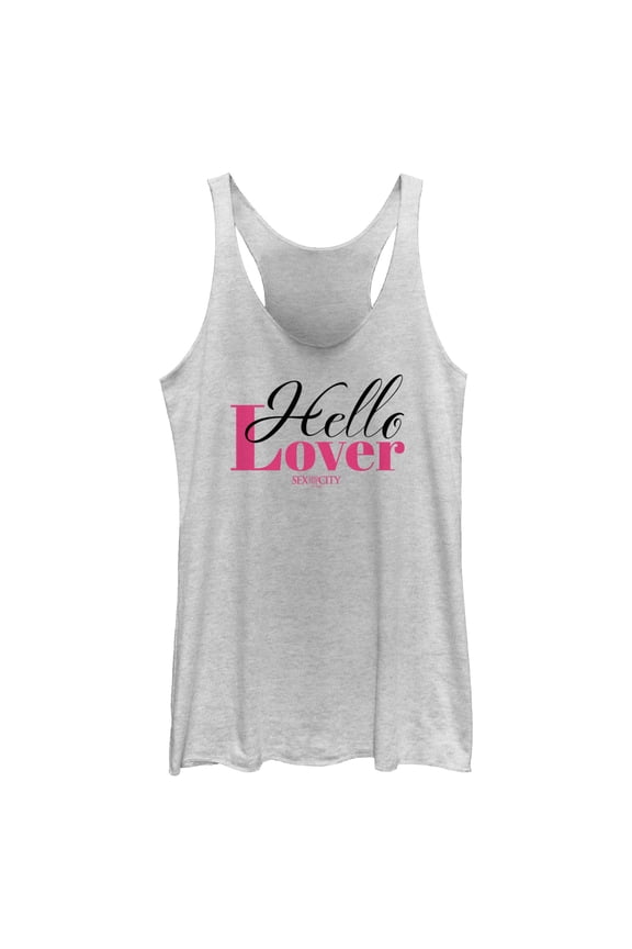 Women's Sex and the City Carrie Hello Lover Cursive  Racerback Tank Top White Heather X Small