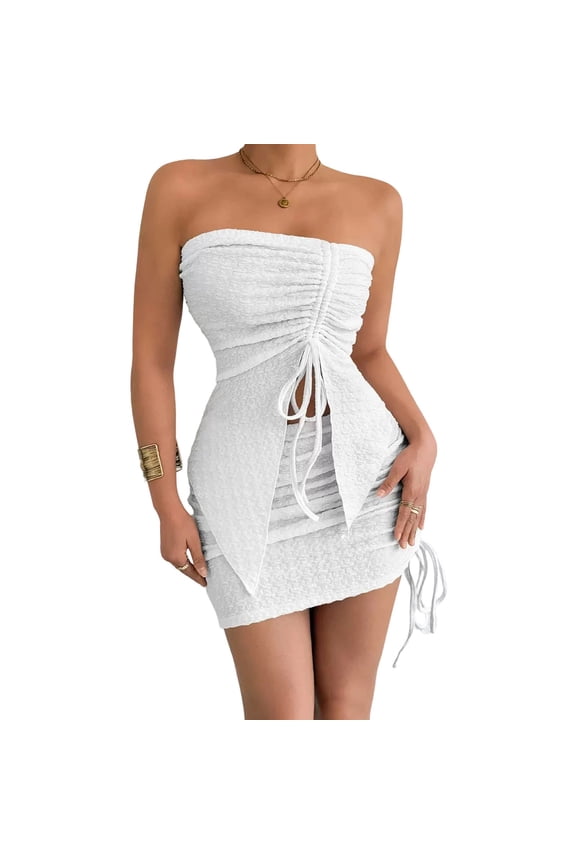 Women's Sexy 2 Piece Outfits Drawstring Split Front Strapless Tube Crop Top Trendy Outfit 2026 Dressy Blouse Side Ruched Mini Skirt Set Solid Basic Skirts 2 Pacs Set