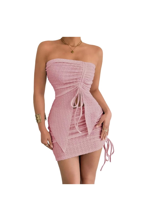 Women's Sexy 2 Piece Outfits Drawstring Split Front Strapless Tube Crop Top Trendy Outfit 2026 Dressy Blouse Side Ruched Mini Skirt Set Solid Basic Skirts 2 Pacs Set