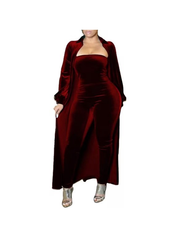 Women's Sexy 2 Piece Outfits Strapless Jumpsuit and Open Front Long Trench Duster Set