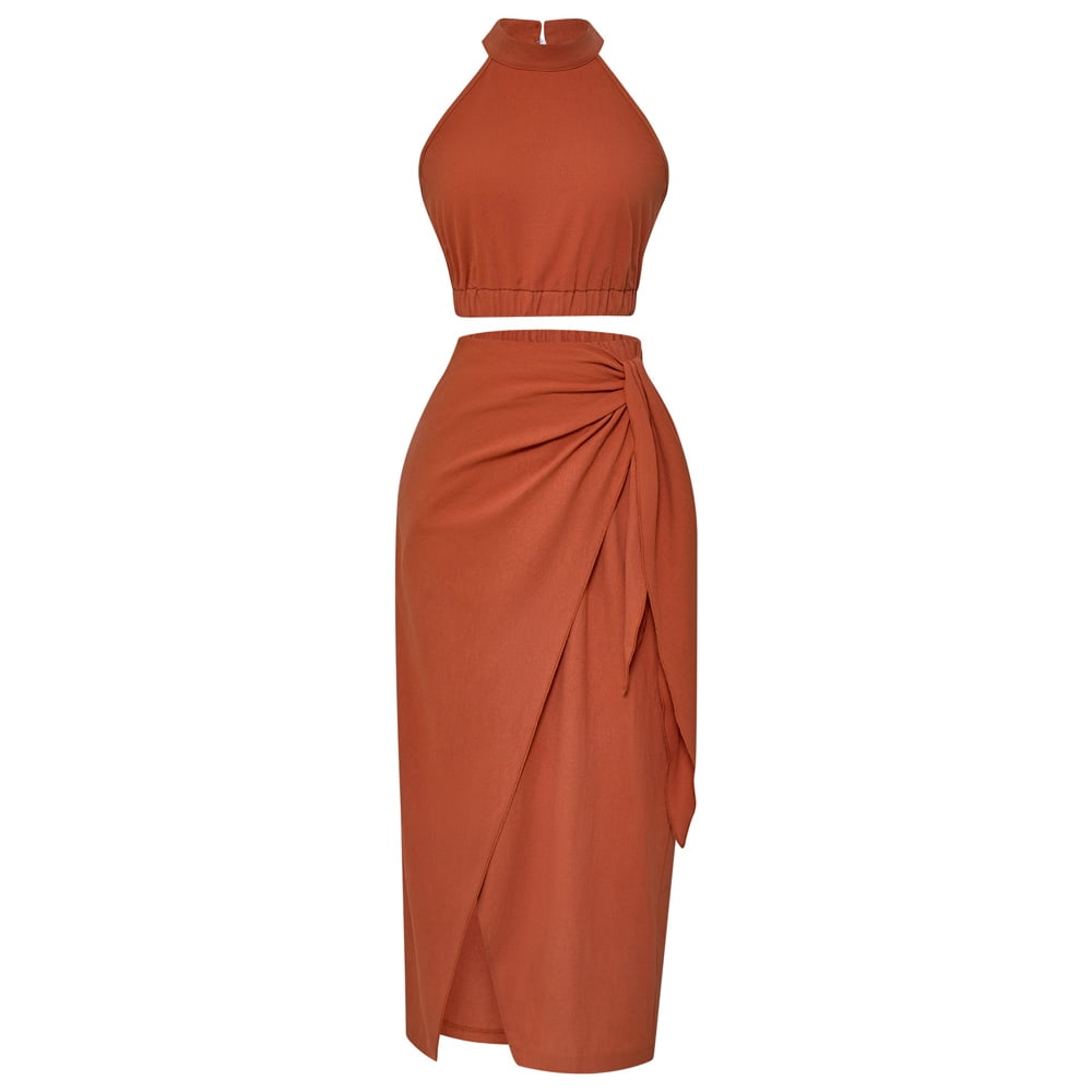 Sexy Slit Ruched Halter Sleeveless Two Pieces Sexy Slit Ruched Halter Sleeveless Two Pieces