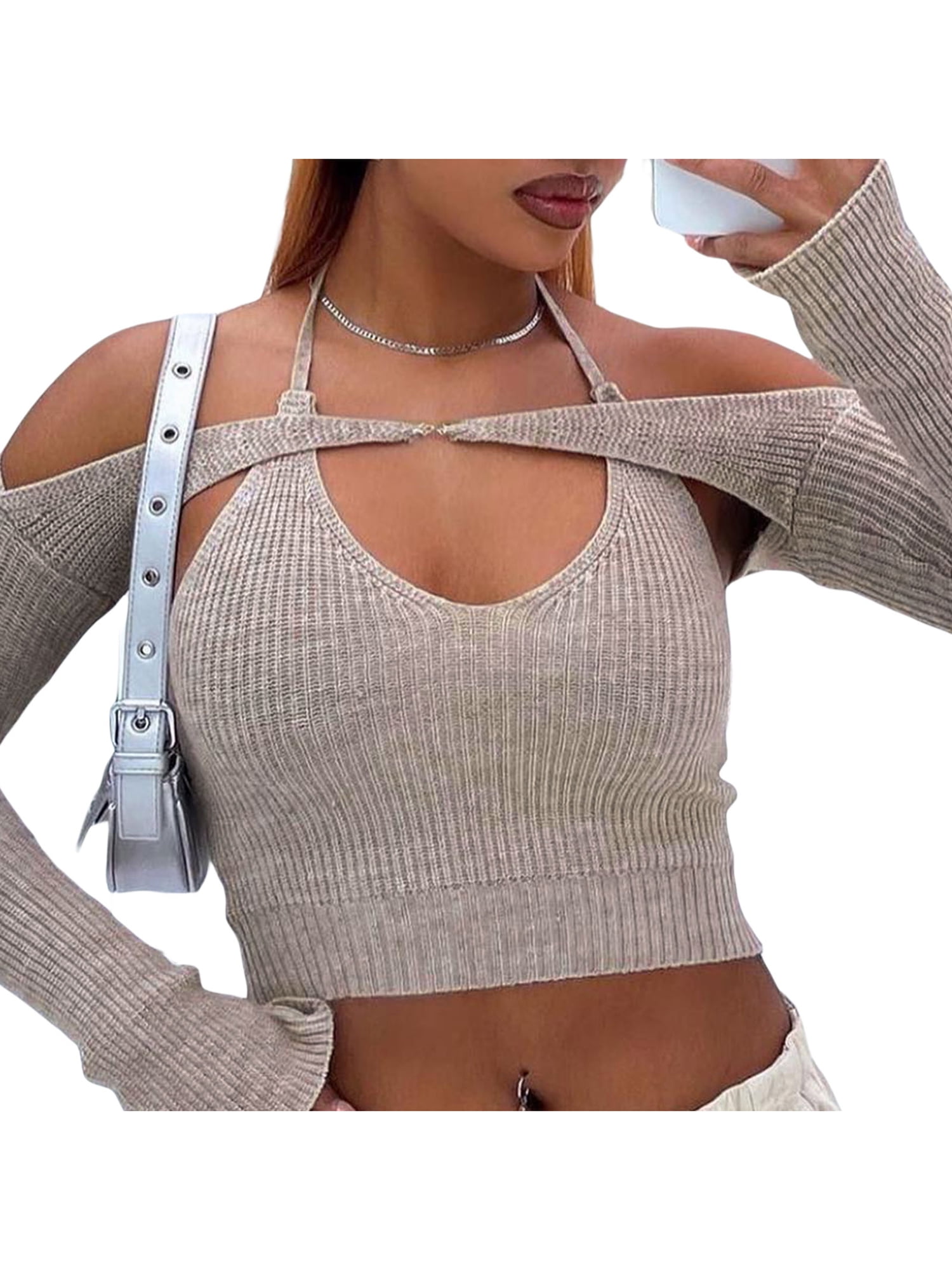Criss Cross Halter Tops for Women Long Sleeve Cutout Wrap Crop Top Bandage  Cut Out Top Sexy Y2k Tops Clubwear (Apricot, Small) at  Women's  Clothing store