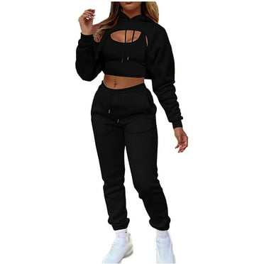 Women's 3 Piece Outfits Tracksuits Long Sleeve Pullover Crop Top Hoodie  Tank Top Drawstring Long Pants Sweatsuit