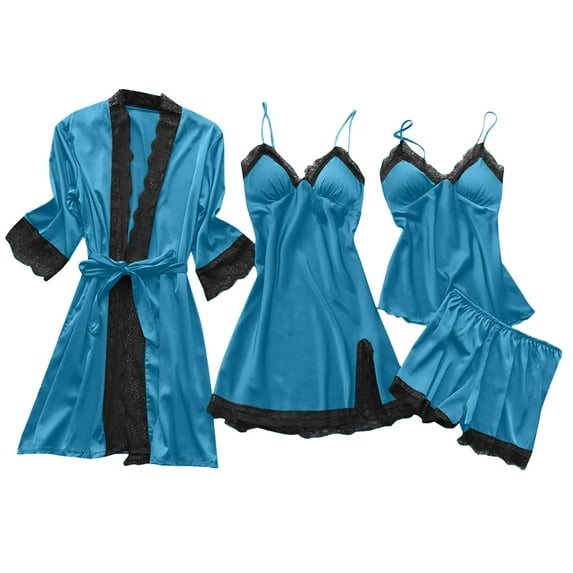 Women's Sexy 4-Piece Set - Suspender With Chest Pad Bathrobe & Nightgown, Blue, S
