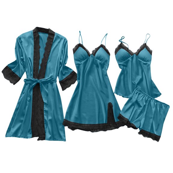 Women's Sexy 4-Piece Set - Suspender With Chest Pad Bathrobe & Nightgown, Turquoise, M