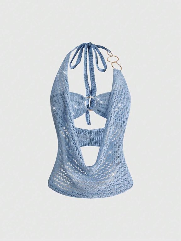 Women's Sexy Backless Halter Hollow Out Strap Knit Crop Top, Baby Blue