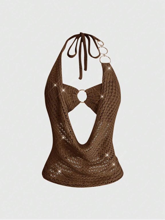 Women's Sexy Backless Halter Hollow Out Strap Knit Crop Top, Coffee Brown