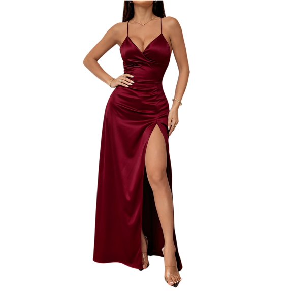 Women's Sexy Backless Satin Maxi Dress V-Neck High Split Spaghetti Strap Graduation Dress