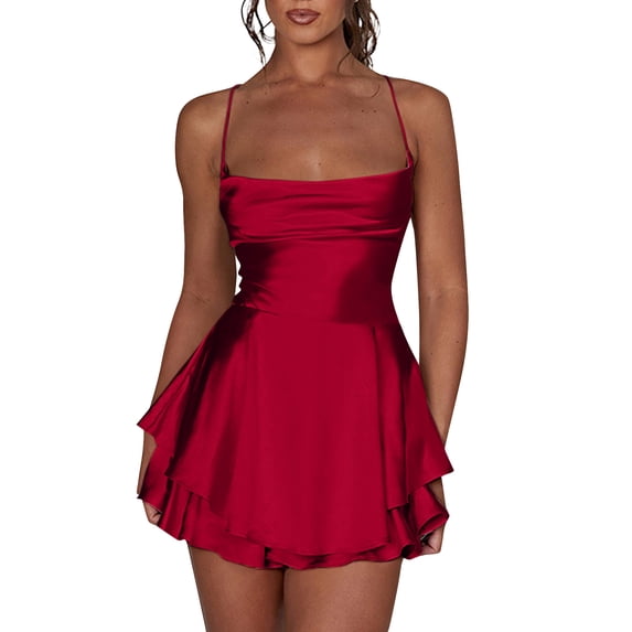 Women's Sexy Backless Satin Mini Dress Layered Ruffle Hem Tie Back Graduation Dress