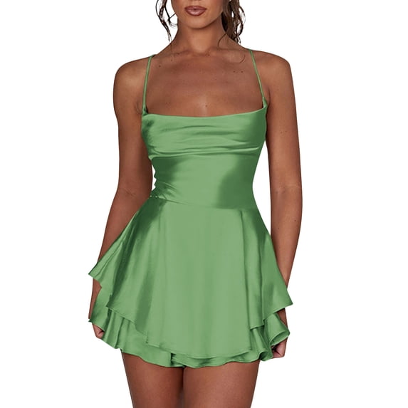 Women's Sexy Backless Satin Mini Dress Layered Ruffle Hem Tie Back Graduation Dress