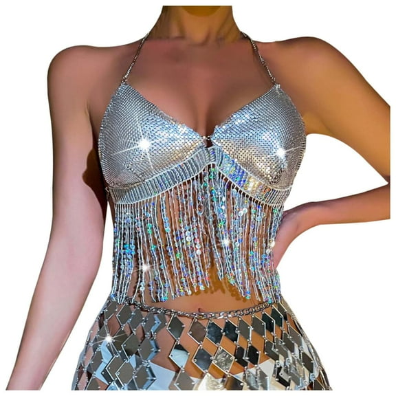 Women's Sexy Backless Sequin Patchwork Fringe Crop Top Stretchy Sleeveless V-Neck Shiny Party Wear Comfortable Fashion Summer Tank