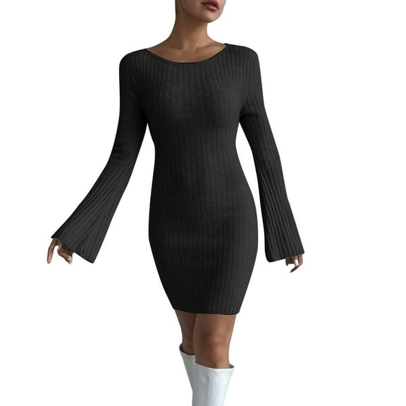 Women's Sexy Backless Solid Color Sweater Dress - Bell Sleeves, Polyester Knit, Tight Fit for Party & Club Wear