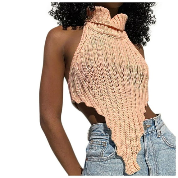Women's Sexy Backless Turtleneck Knit Vest Slim Fit Solid Color Irregular Sweater for Casual Outfits