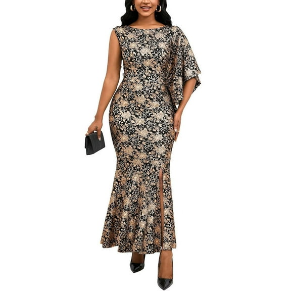 Women's Sexy Banquet Mermaid Dress Long Skirt One-Shoulder Hot Gold Dress