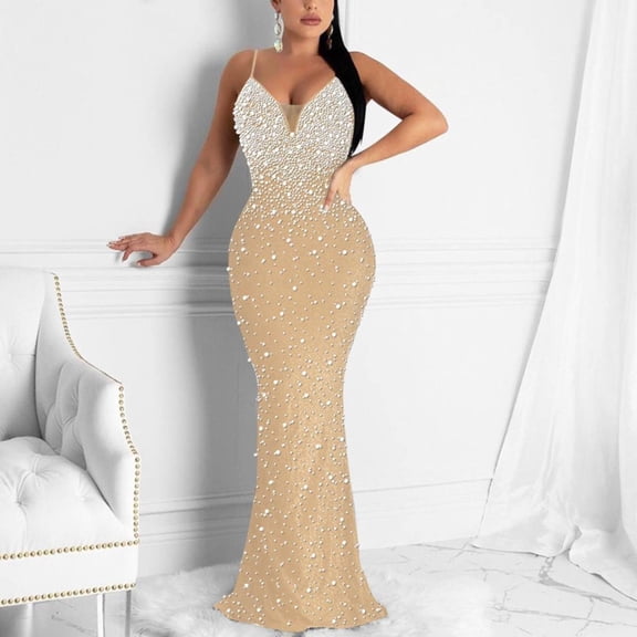 Women's Sexy Beaded Backless Dress, Rhinestone Spaghetti Strap Bodycon Long Dress, Clubwear Evening Gown for Party, Wedding and Formal Events Beige L