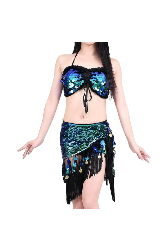 Women's Sexy Belly Dance Sets Sequin Tassel Bra Crop Top with Sparkly Fringe Hip Scarf for Carnival Party Clubwear