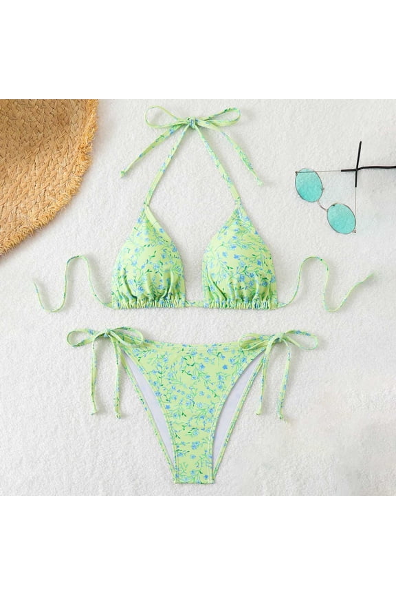 Women's Sexy Bikini Sets Bow Decor Tiny Floral Print Bikini Swimsuits Tie Side Triangle Bathing Suits