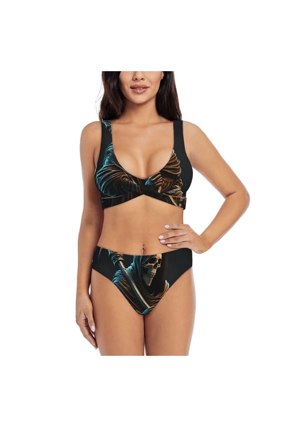 Women's Sexy Bikini Sets Two Piece Swimsuit Bathing Suits with U-Back, Grim Reaper With Scyth Skull