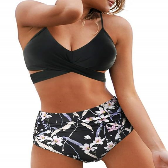 Women's Sexy Bikini Swimsuits, Women's High Waisted Bandage Bikini Set Wrap 2 Piece Push Up Swimsuits, Front Corss and Back Tie Knot (Black Flower,X-Large)
