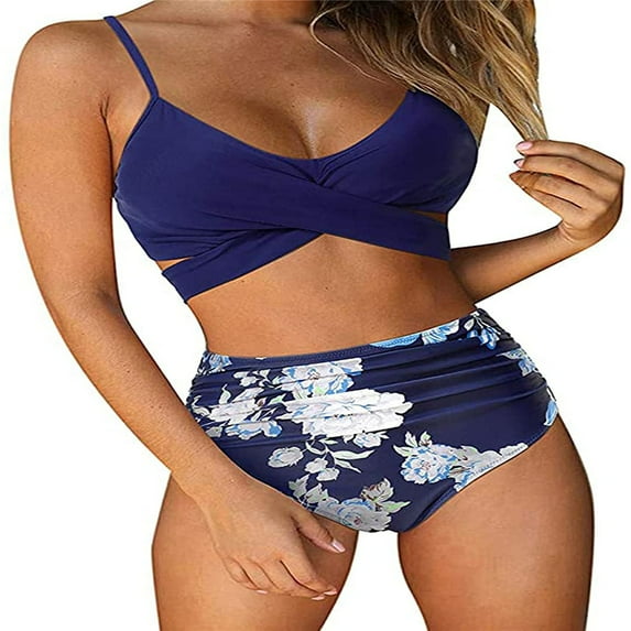 Women's Sexy Bikini Swimsuits, Women's High Waisted Bandage Bikini Set Wrap 2 Piece Push Up Swimsuits, Front Corss and Back Tie Knot (Dark Blue,Flower,Large)