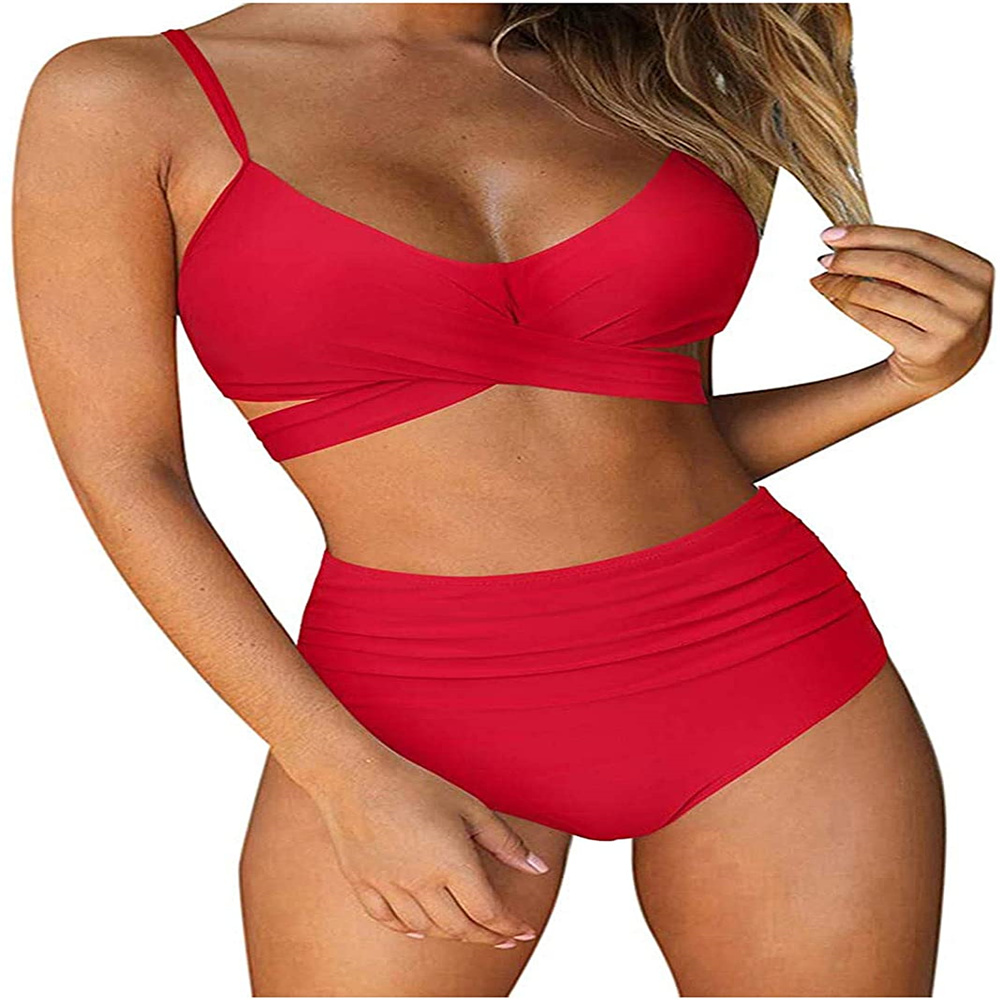 Women's Sexy Bikini Swimsuits, Women's High Waisted Bandage Bikini Set Wrap 2 Piece Push Up Swimsuits, Front Corss and Back Tie Knot (Red,Medium) - image 1 of 8