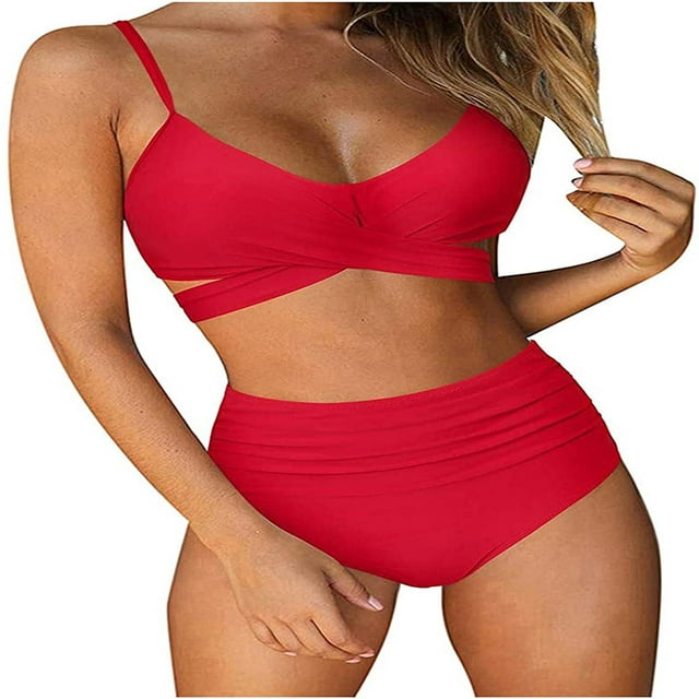 Women's Sexy Bikini Swimsuits, Women's High Waisted Bandage Bikini Set Wrap 2 Piece Push Up Swimsuits, Front Corss and Back Tie Knot (Red,Medium)