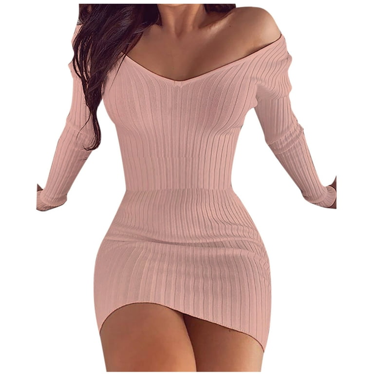 Women\'s Sexy Bodycon Cocktail Party Sweater Dress Flat collar Knit Short  Sweater Dresses Long Sleeve Slim Fit Dress Pullover Ribbed Dresses