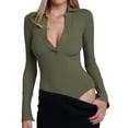 thumbnail image 1 of Women's Sexy Bodycon Long Sleeve One Piece Jumpsuit V Neck Zip Up/Button Down Ribbed Thong Romper Solid Color Casual Bodysuit, 1 of 6