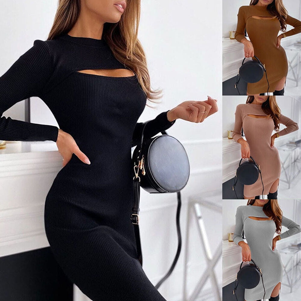 Ropdror Women's Knitted Sweater Mini Dress Sexy Zip V Neck