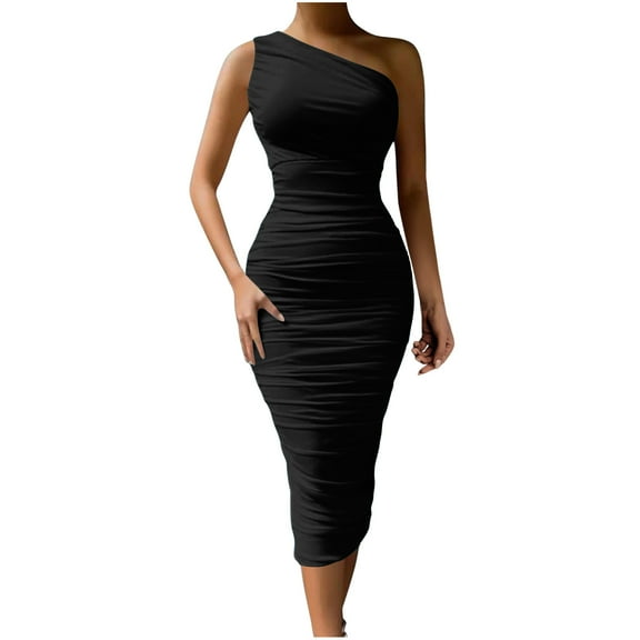 Women's Sexy Bodycon One Shoulder Sleeveless Ruched Midi Club Party Dress