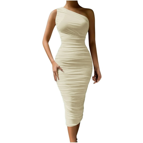 Women's Sexy Bodycon One Shoulder Sleeveless Ruched Midi Club Party Dress