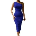 thumbnail image 1 of Women's Sexy Bodycon One Shoulder Sleeveless Ruched Midi Club Party Dress, 1 of 8