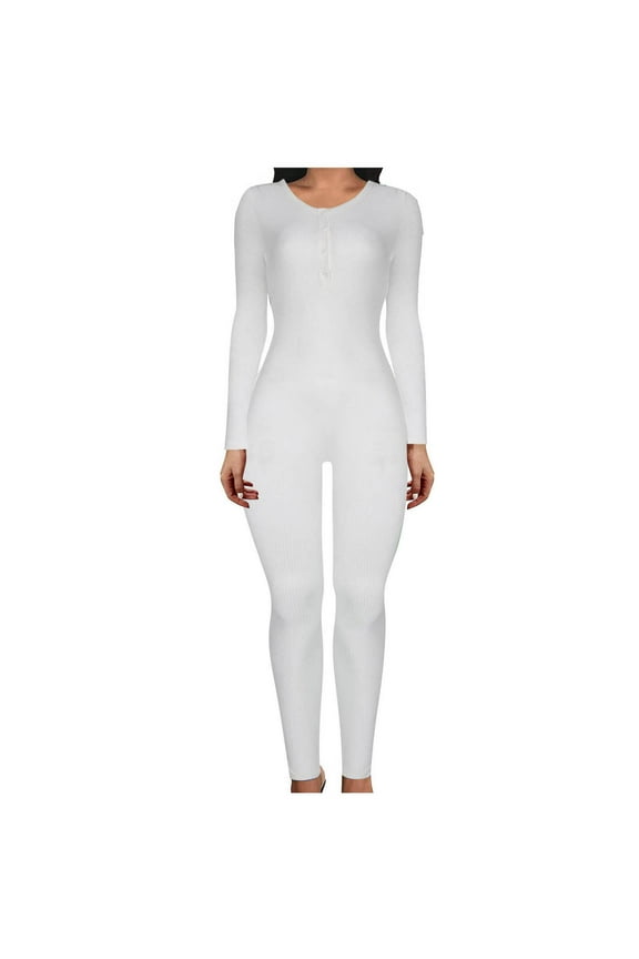 Women's Bodysuits Long Sleeve Button up Crewneck One Piece Ribbed Yoga Jumpsuit Solid Outfits Sport Romper