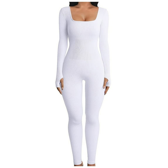 Women's Sexy Bodysuits Long Sleeve Square Neck One Piece Ribbed Yoga Jumpsuit Solid Stretchy Outfits Sport Club Romper Womens Clothes