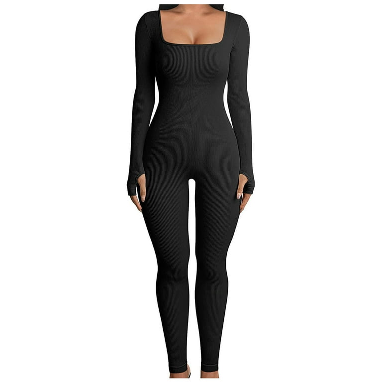 SHAPELLX Jumpsuit for Women Long Sleeve Jumpsuits Square Neck Sport Romper  One Piece Outfits Tummy Control Workout Sets, A1-black, S : :  Fashion