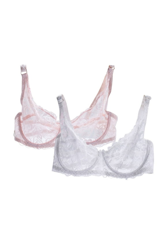 Women's Sexy Bra Sheer Lace Bra Floral Lace Bralettes Plus Size Full Coverage See Through Bralettes Mesh Soft Bras 2 pcs