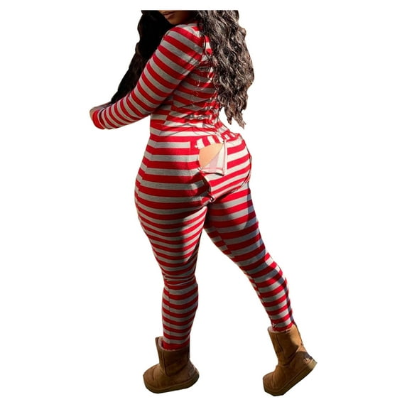Women's Sexy Butt Button Back Flap Jumpsuit Long Sleeve Romper Full Bodysuit Pajamas One Piece Sleepwear