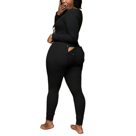 Women's Sexy Butt Button Back Flap Jumpsuit Long Sleeve Romper Full Bodysuit Pajamas One Piece Sleepwear