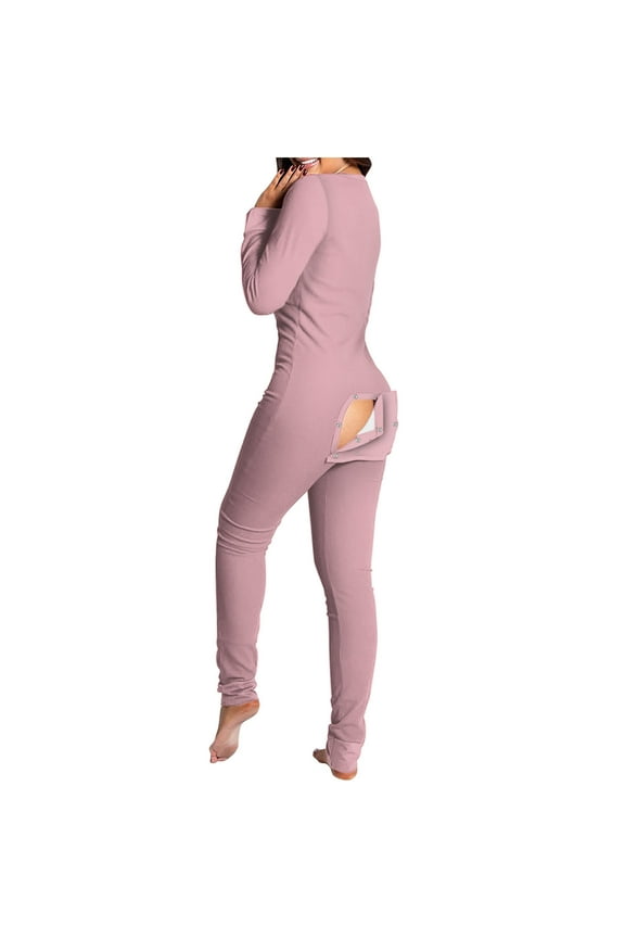 Women's Sexy Butt Button Back Flap Jumpsuit V Neck Long Sleeve Romper Solid Bodycon Pajamas One Piece