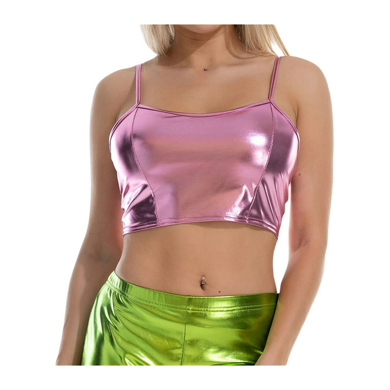 Women's Sexy Cami Crop Tops Spaghetti Straps Sleeveless Metallic Reflective  Laser Color Camisole Top Club Wear 
