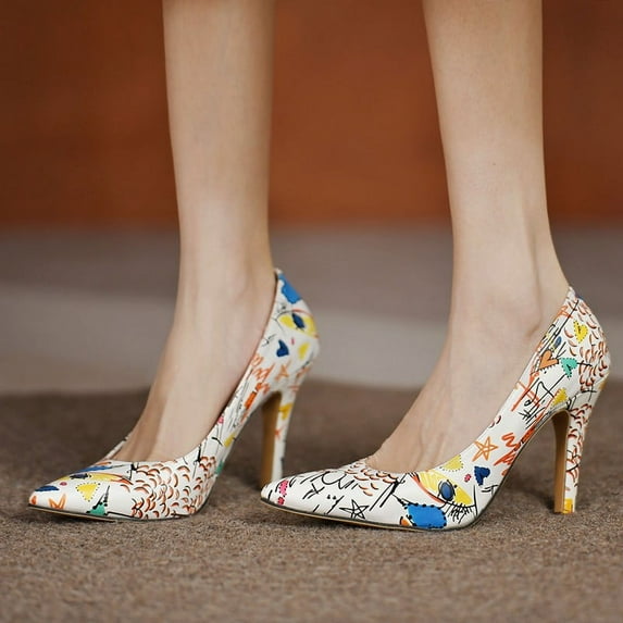 Women's Sexy Casual Graffiti Pointed Toe High Heels,9.5cm PU leather Pumps,Wedding Dress Shoes,Cute Evening Stilettos