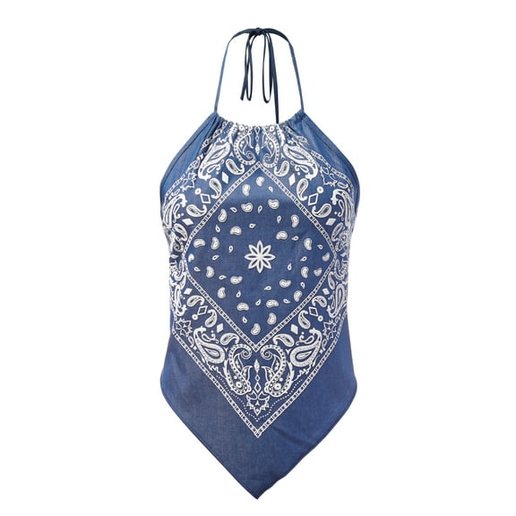Women's Sexy Casual Paisley Halter Neck Tied Back Handkerchief Bandana Top - Made in USA