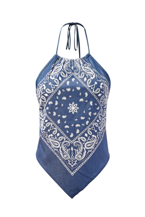 Women's Sexy Casual Paisley Halter Neck Tied Back Handkerchief Bandana Top - Made in USA